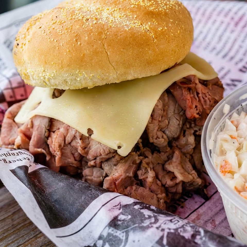 Roast beef sandwich with melted cheese on a sesame bun, served with creamy coleslaw on newspaper-style wrapping.