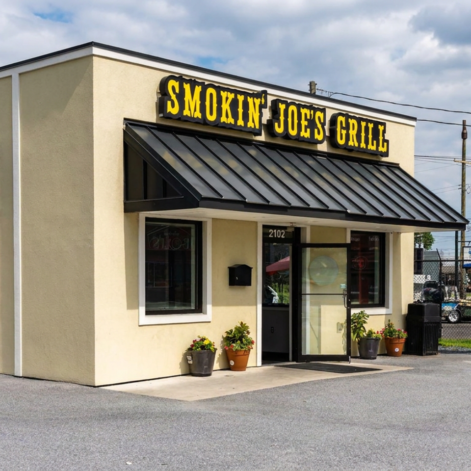 Exterior of Smokin' Joe's Grill, a cream-colored restaurant with black awnings, potted flowers, and a roadside sign.