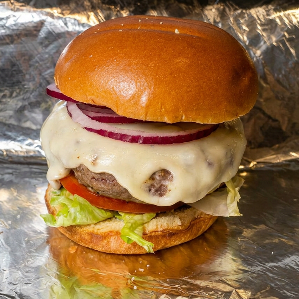 Cheeseburger with a glossy brioche bun, melted cheese, beef patty, tomato, lettuce, and red onion on foil.