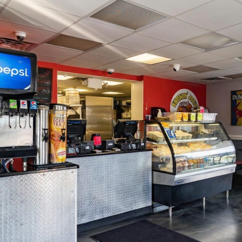 Bright restaurant counter with Pepsi drink dispenser, food display case, kitchen service area, and seating beneath red and gray walls.