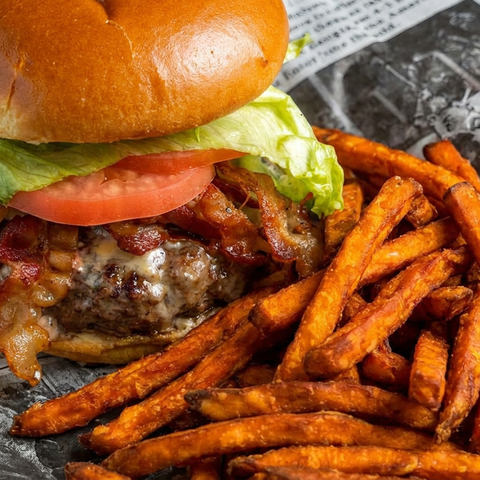 Bacon cheeseburger with lettuce and tomato served alongside crispy sweet potato fries on newspaper-style paper.