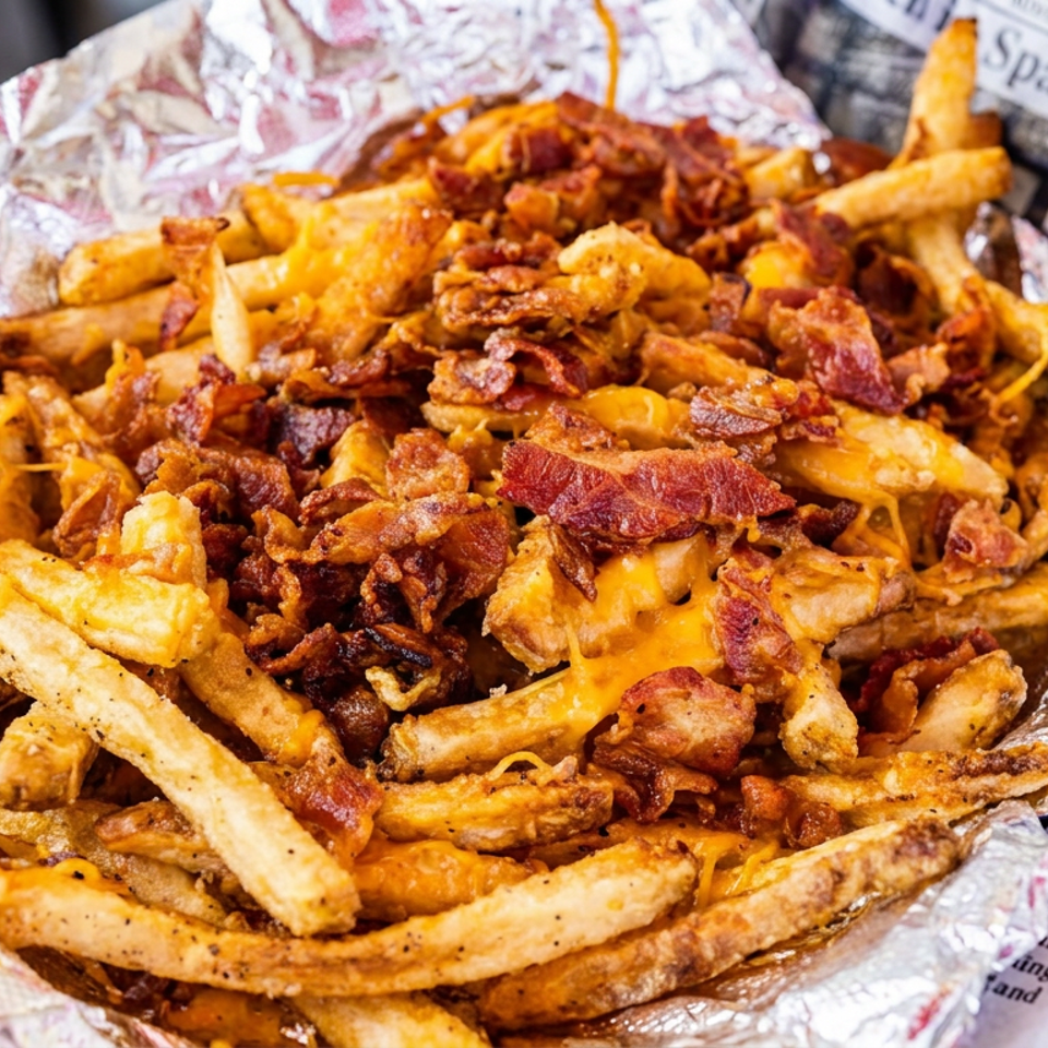 Loaded fries topped with melted cheese and crispy bacon, served in a foil-lined basket with dipping sauce.