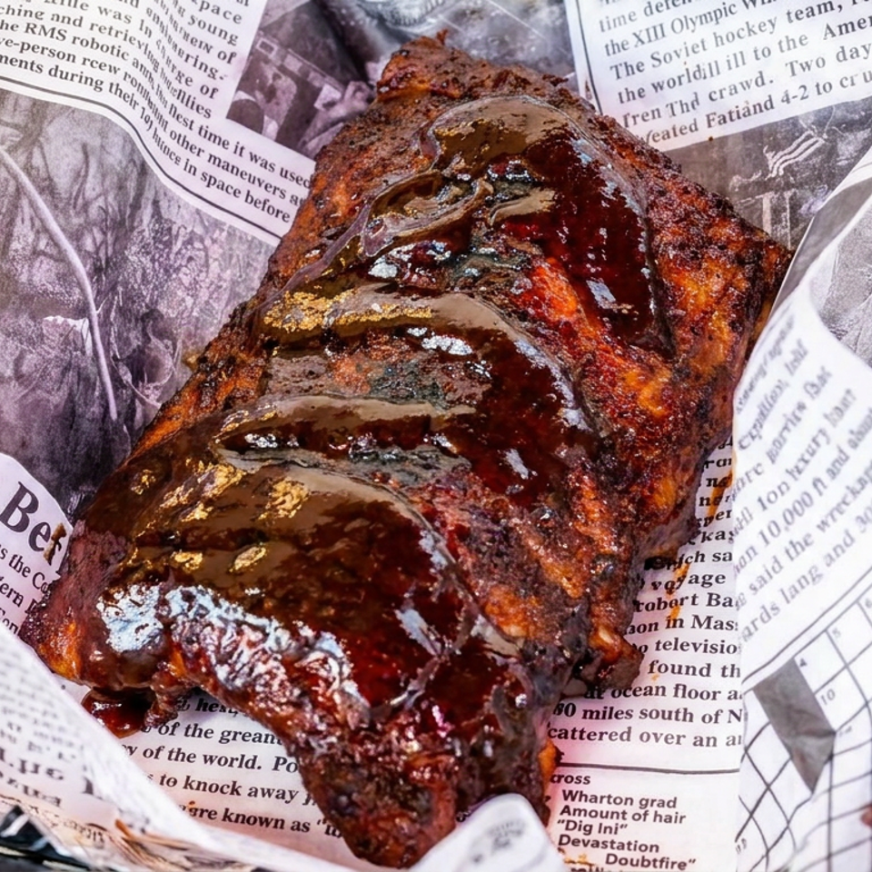 Glossy barbecue pork ribs with charred edges served on newspaper-lined paper.