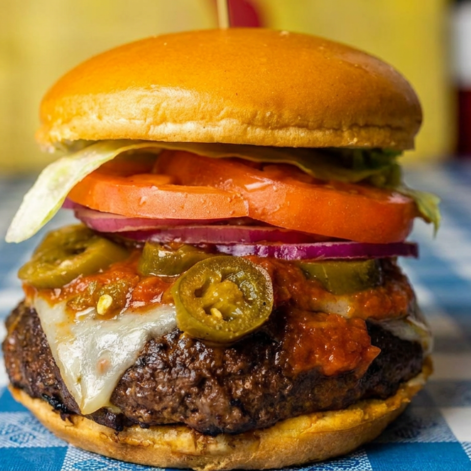 Loaded cheeseburger with tomato, red onion, jalapeños, pickles, and salsa on a blue-and-white checkered tablecloth.