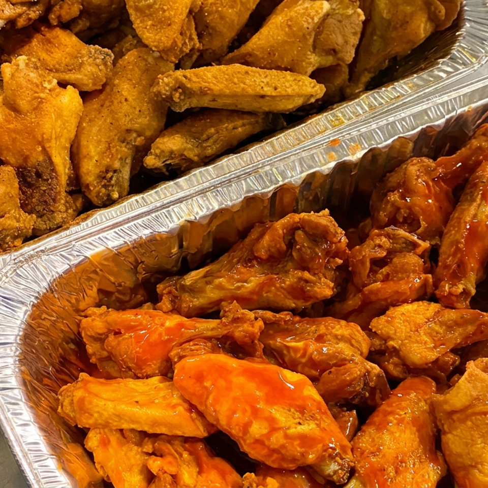 Two foil catering trays filled with crispy fried chicken wings, including plain seasoned and glossy sauced wings.