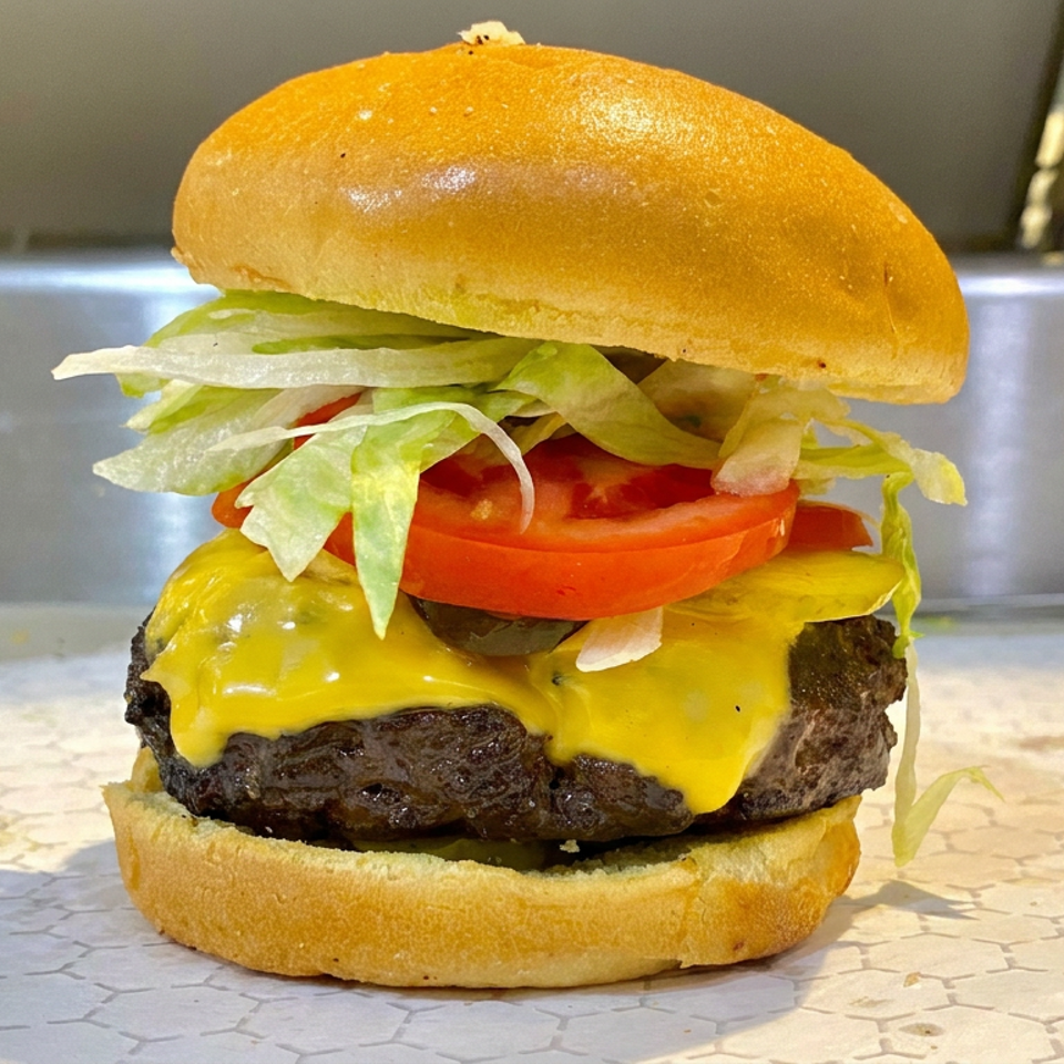 Cheeseburger on a toasted bun with lettuce, tomato, pickles, and melted yellow cheese on patterned paper.