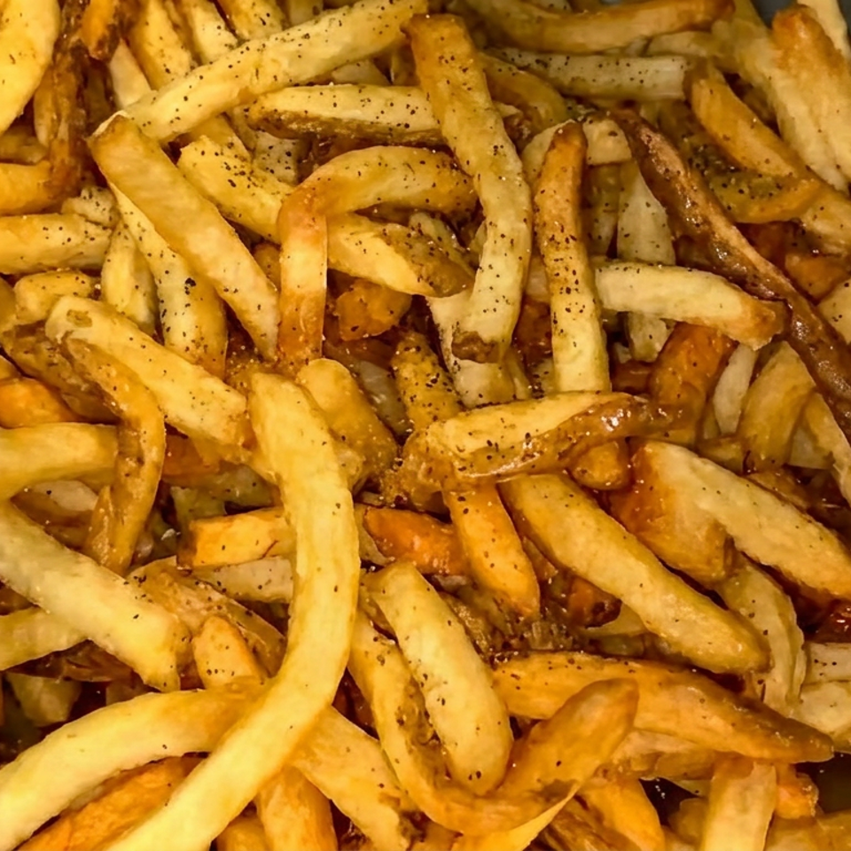 Basket of golden French fries seasoned with cracked black pepper.
